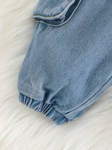 Cozy Pixies Quần jogger denim màu xanh dương dáng rộng, dễ thương, có túi hộp, dành cho bé gái, kiểu dáng thường ngày, thoải mái và đa năng. - Rửa nhẹ - Xem 8