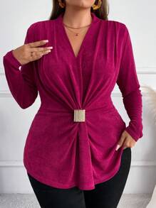 SHEIN Frenchy Plus Size Women's Solid Color V-Neck Long Sleeve Ruched Elegant T-Shirt, Autumn - Rose Red - View 5