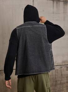 Forever 21 Men's Street Style Loose Fit + Multi-Function Pocket Washed Black Denim Väst