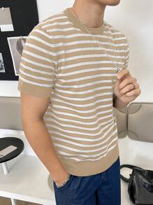 Manfinity RebelGame Men's Short Sleeve Striped Knit Round Neck Sweater - Khaki - View 5