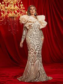 SHEIN Belle Vestido de noche elegante de estilo gótico con lentejuelas doradas de champagne, con volantes multicapa exagerados, hombros descubiertos, escote profundo en V y cola de pez, para ocasiones formales, boda, graduación y cenas, de manga larga y talla grande - Champán - Ver 7