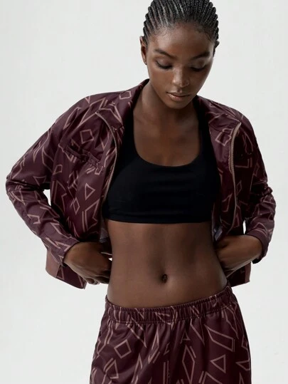 VARSITIE 复古印花做旧长袖拉链女式运动夹克