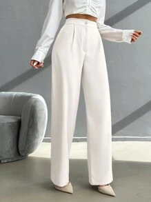 Pantalon à jambe droite avec détail plissé et taille haute, boutons élégants pour dames au printemps/automne, poches, fermeture éclair, taille haute, jambe large longue, ample, couleur abricot, pantalon pour femmes, porter au quotidien de manière décontractée
