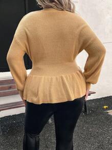 SHEIN LUNE Plus Size Casual V-Neck Ruffle Hem Sweater For Everyday Wear, Autumn/Winter Knit Pullover Fall - Khaki - View 2