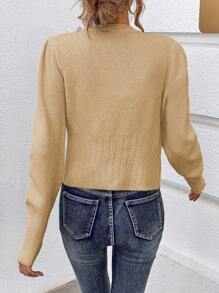 SHEIN Unity 1pc Casual Solid Color Puff Sleeve Cropped Cardigan, Autumn - Khaki - View 2
