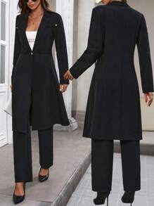 Chiquease 女式金属纽扣装饰翻领西装外套和裤子黑色商务套装 - 黑色 - 查看 1