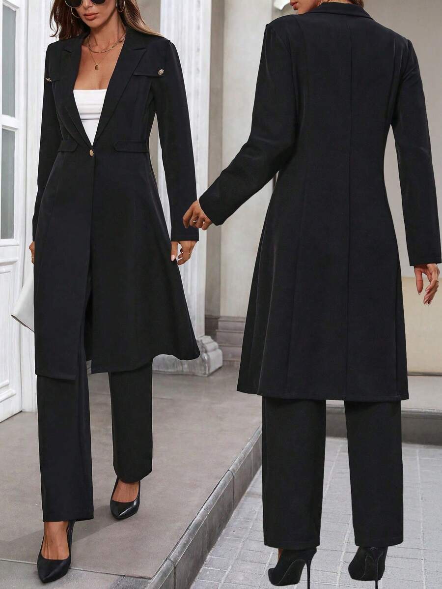 Chiquease 女式金属纽扣装饰翻领西装外套和裤子黑色商务套装 - 黑色 - 查看 1