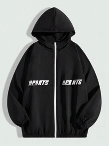 SHEIN 青少年男孩宽松休闲字母图案连帽前拉链长袖夹克