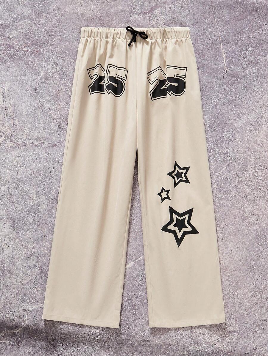 SHEIN Loose Fit Teen Boys Casual Sweatpants With Numeric & Star Pattern - Apricot - View 1