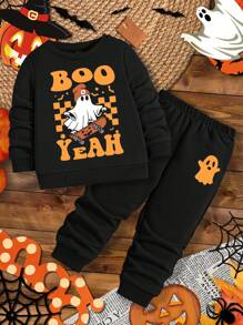 SHEIN 男婴针织柔软圆领休闲装，加厚万圣节印花运动衫和裤子秋季套装，适合秋冬季 - 黑色 - 查看 1