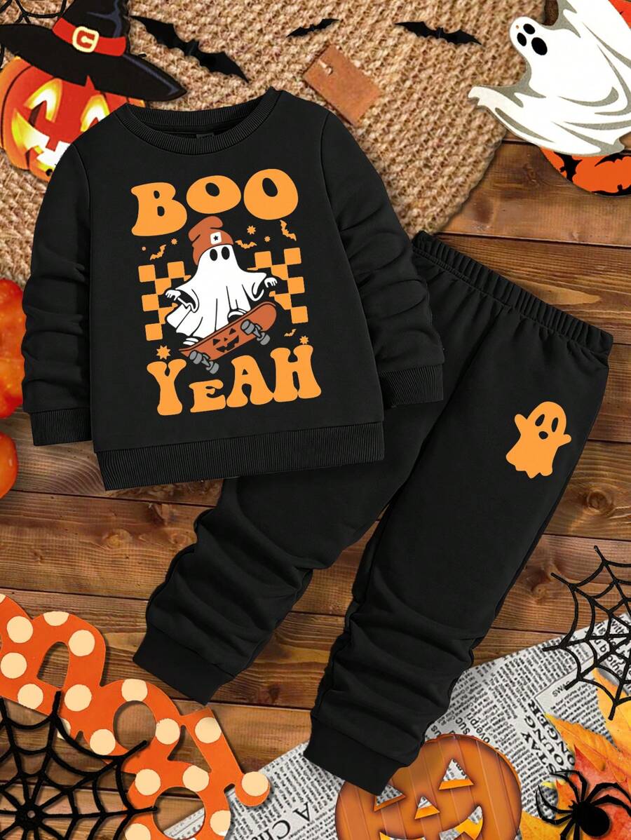 SHEIN 男婴针织柔软圆领休闲装，加厚万圣节印花运动衫和裤子秋季套装，适合秋冬季 - 黑色 - 查看 1