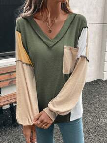 SHEIN Unity 女士纯色拼接 V 领长袖口袋休闲 T 恤 - 綠色 - 查看 6