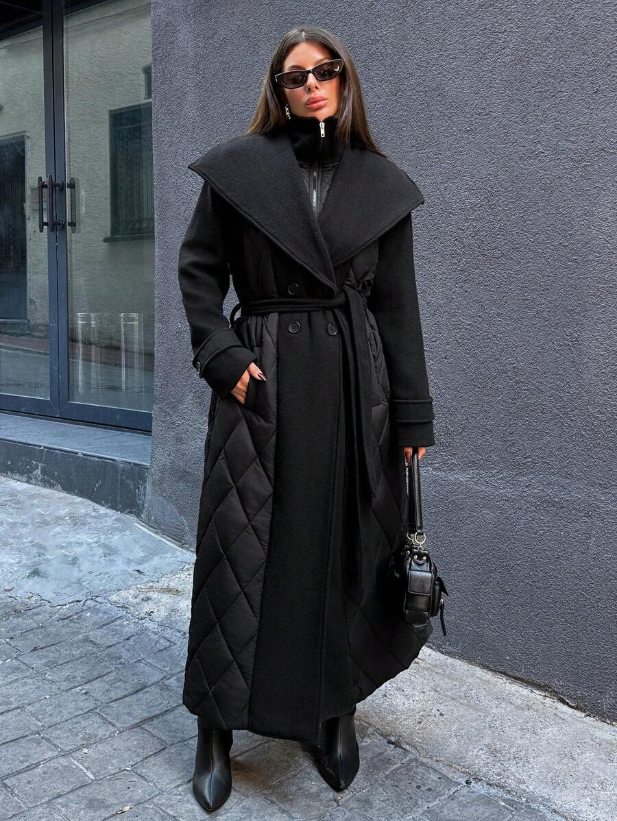 EURMUSE Fuzzy Lapel Zipper Belted Down Padded Coat, Fabric Patchwork, Elegant Style