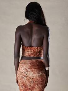 MISSGUIDED Textured Knit Lace Halter Neck Ruched Crop Top - Rust Brown - View 2