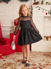 SHEIN Vestido de gala largo de manga larga con panel de malla de lámina plateada y negra, cintura imperio, elegante y lujoso para niñas y mujeres jóvenes. Versátil y apropiado para salidas diarias en otoño/invierno, se combina bien con diferentes chaquetas, abrigos y sobretodos.