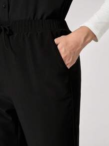 TaskEZ 纯色抽绳腰部锥形腿护理手术服裤子 - 黑色 - 查看 7