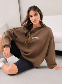 Mulvari Women Casual Letter And Number Print Dropped Shoulder Loose Hoodie With Rivet Decoration, Spring Autumn