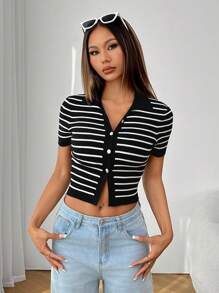 SHEIN PETITE Women's V-Collar Striped Button-Down Crop Knit Top