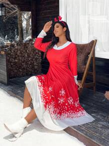 Celure Damen Große Größen Weihnachtskleid mit Schneeflocken Muster und Spitzenkontrast mit Tasche, elegantes Kleid