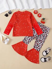 Bộ 2 món áo thun tay dài in họa tiết cây thông Noel cho bé gái và quần ống loe họa tiết da báo - Nhiều màu - Xem 2