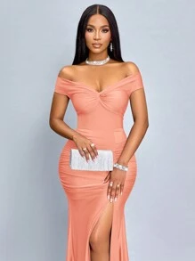 SOLERSUN 纯色露肩高开叉百褶简约长款休闲连衣裙 - 粉色 - 查看 5