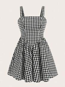 Flirla Plus size zomerse casual jurk met pied-de-poule-print en geplooide bandjes