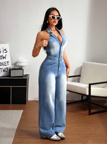 SHEIN ICON Women's Sexy Backless Halter Denim Jumpsuit
