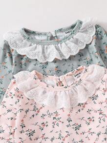 SHEIN Vintaside Kids 2pcs Baby Girls Elegant Pink Floral Outfit Set,Cute Floral Allover Print Ruffle Hem Long Sleeve Top And Long Pants,Autumn Night Pajama Sets - Multicolor - View 4
