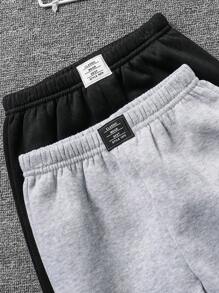 SHEIN Leap Crew 年轻男孩 2 件套休闲日常字母印花松紧腰宽松纯色运动裤多件装，1 黑色和 1 灰色，针织裤套装适合学校、花园、海滩、生日、春/夏/秋/冬季 - 彩色 - 查看 4