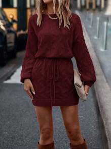 SHEIN LUNE Women's Solid Color Round Neck Long Sleeve Casual Knit Sweater Dress, Suitable For Autumn/Winter For New Year Clothes