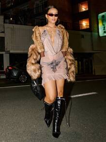 SHEIN ICON Neck Tie Back Sheer Mesh Floral Print Cover Up Dress - Apricot - View 5