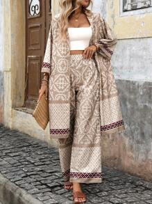 SHEIN LUNE 拼布印花落肩夹克 & 阔腿裤 2件/套