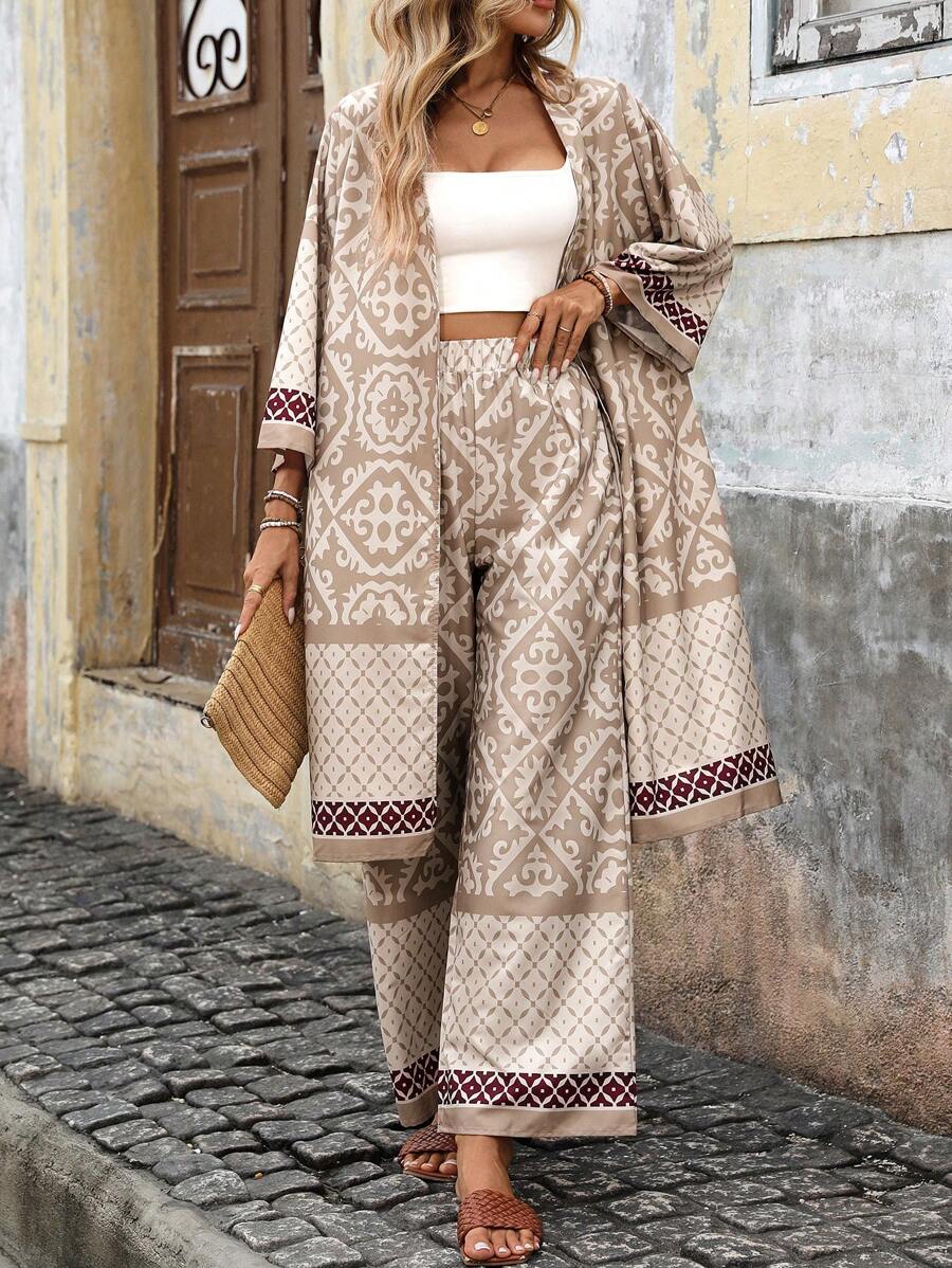 SHEIN LUNE 拼布印花落肩夹克 & 阔腿裤 2件/套