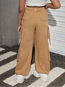 SHEIN Pantalones jogger de denim holgados color caqui para niñas - Caqui - Ver 2