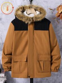 Chaqueta con capucha forrada térmica de manga larga con bloqueo de color y bolsillo utilitario para niño preadolescente, para otoño/invierno