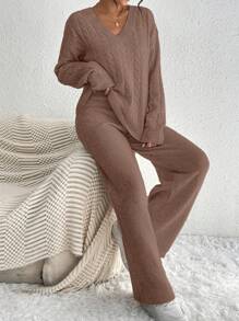 RosyDaze Set de 2 piezas con suéter de manga larga de cuello en V de hombros caídos sólido y pantalones de punto casual para mujer, para otoño/invierno