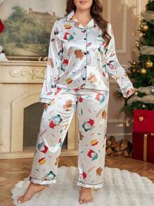 加大码缎面圣诞卡通印花睡衣套装，含长袖上衣和裤子 - 白色 - 查看 3