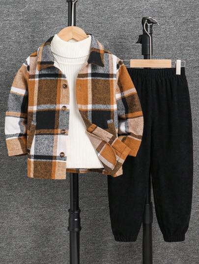 SHEIN 2 件套年轻男孩休闲格纹提花领开衫长袖上衣和宽松灯芯绒锥形裤套装，适合通勤、上学、日常休闲、旅行、运动，适用于春季、夏季、秋季、冬季
