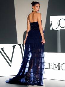 Women's Black Evening Dress With Patchwork And Tulle Mesh Strapless Design Elegant Formal Prom Wedding Guest Gown, For Graduation, Dinner - Black - View 2