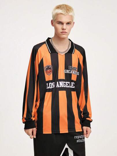 Street Life Men's Casual Raglan Sleeve Letter & Stripe Print T-Shirt, Spring Autumn