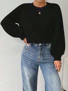 EMERY ROSE Loose Round-Neck Lantern Sleeve Harmony Drop Shoulder Knitted Sweater, Long Sleeve Top Fall Winter - Black - View 4