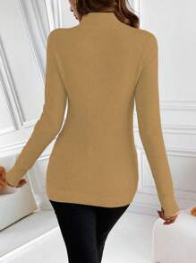 Chiquease Áo len cổ đứng dáng ôm màu trơn, kiểu dáng thường ngày, dành cho mùa thu/đông, có lớp lót giữ nhiệt. - Lạc đà - Xem 2