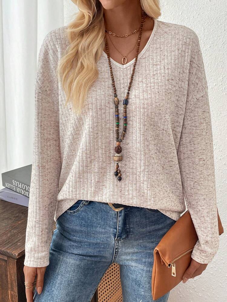 Women V-Neck Drop Shoulder Ribbed Casual T-Shirt, Solid Color, Autumn