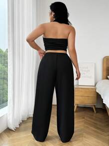 SHEIN EZwear 2 Piezas Conjunto de top halter y pantalones de talla grande para mujer, color negro