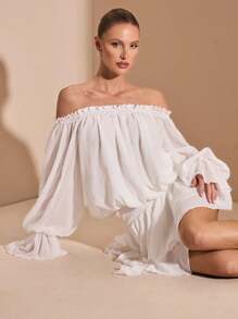 SHEIN BAE 优雅甜美法式纯白色露肩长袖衬衫裙，泡泡袖，不对称荷叶边饰边，适合浪漫约会、生日派对、伴娘服、晚礼服 - 白色 - 查看 5