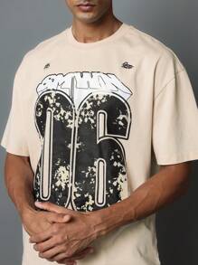 SUMWON Regular Fit Short Sleeve Washed Tee With Front Number Graphic Print - Beige - View 3