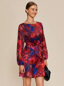 SHEIN Unity 秋季优雅花卉印花灯笼袖连衣裙 - 紅色 - 查看 5