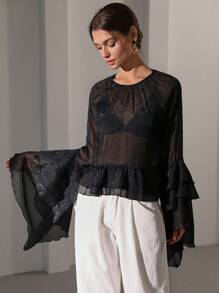 Aveloria Modichic Women's Autumn/Winter Bohemian Ruffled Glitter Chiffon Blouse - Black - View 3
