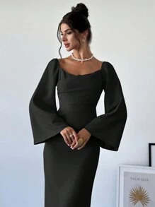 Firerie Women's Large Collar Structure Design Flare Sleeve Elegant Dress - Black - View 3