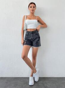 Cottnline Women Front Button Pocket Ripped Minimalist Casual Shorts - Grey - View 5